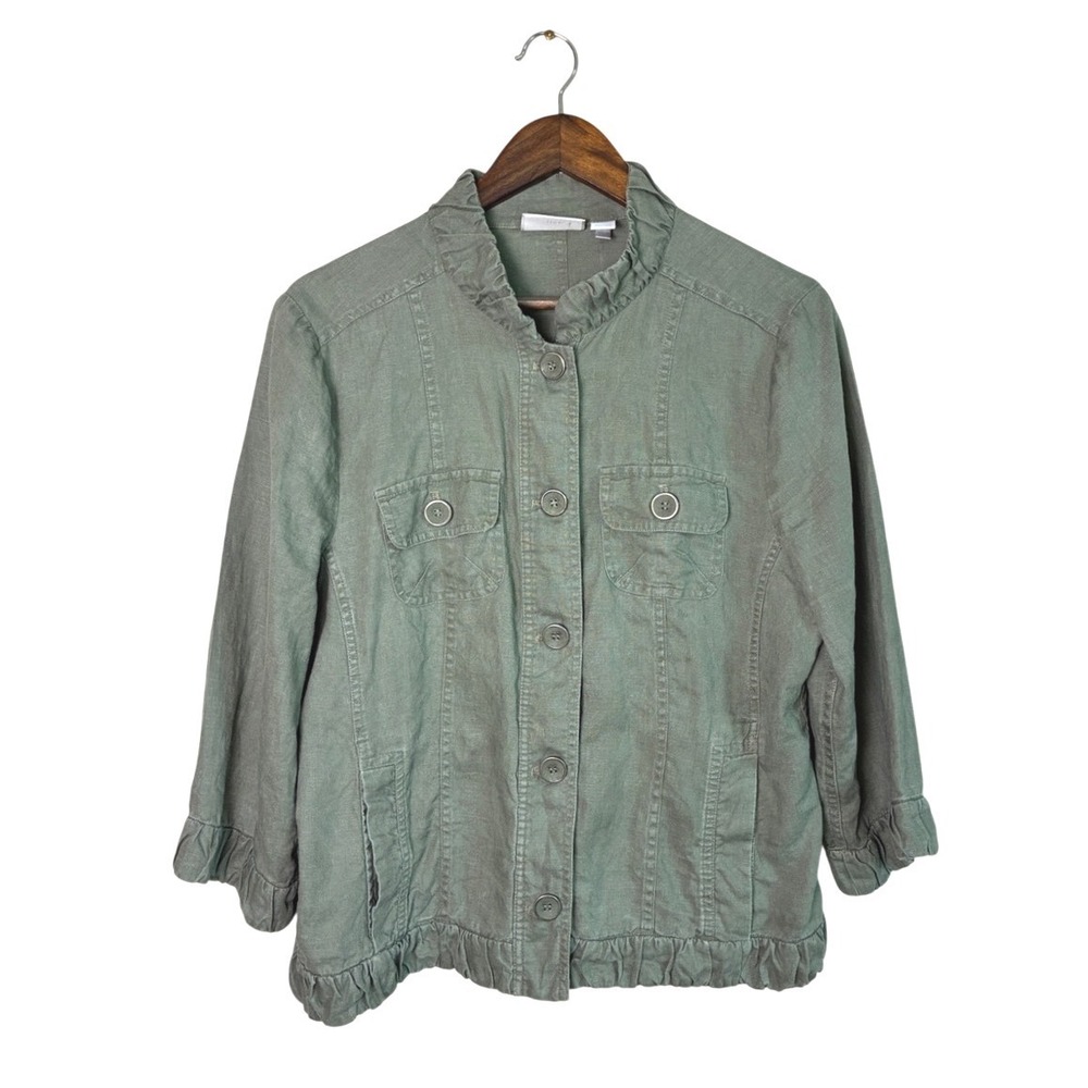 CHICO'S‎ Size 2 US Large 100% Linen Army Green Lightweight Chore Coat Jacket